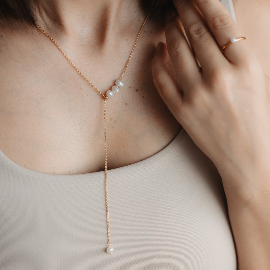 Регулируемо сребърно колие Golden Lariat - Култивирани перли - Indira