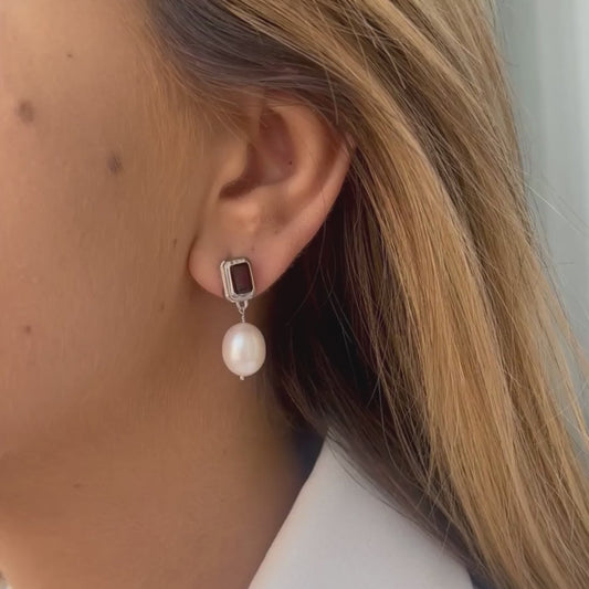 Антични сребърни обеци - Гранат и естествени перли