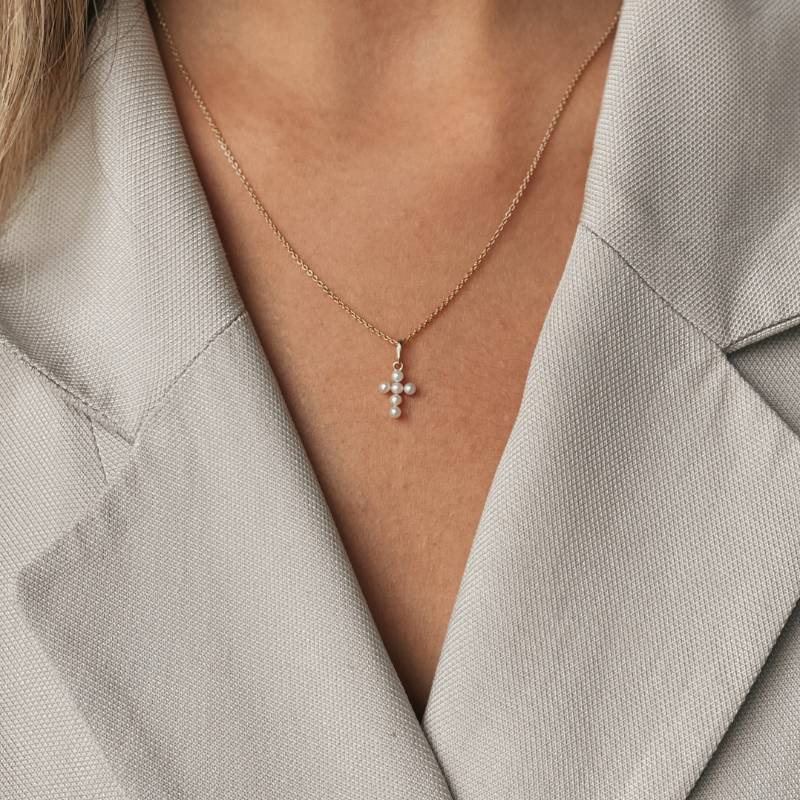 Златен медальон Pearl Cross - Естествени перли - Indira