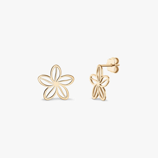 Двойка обеци Wildflower Gold — обеци тип винт от жълто злато 14K с ажурно цвете с пет листенца, показани отпред и отстрани на бял фон.
