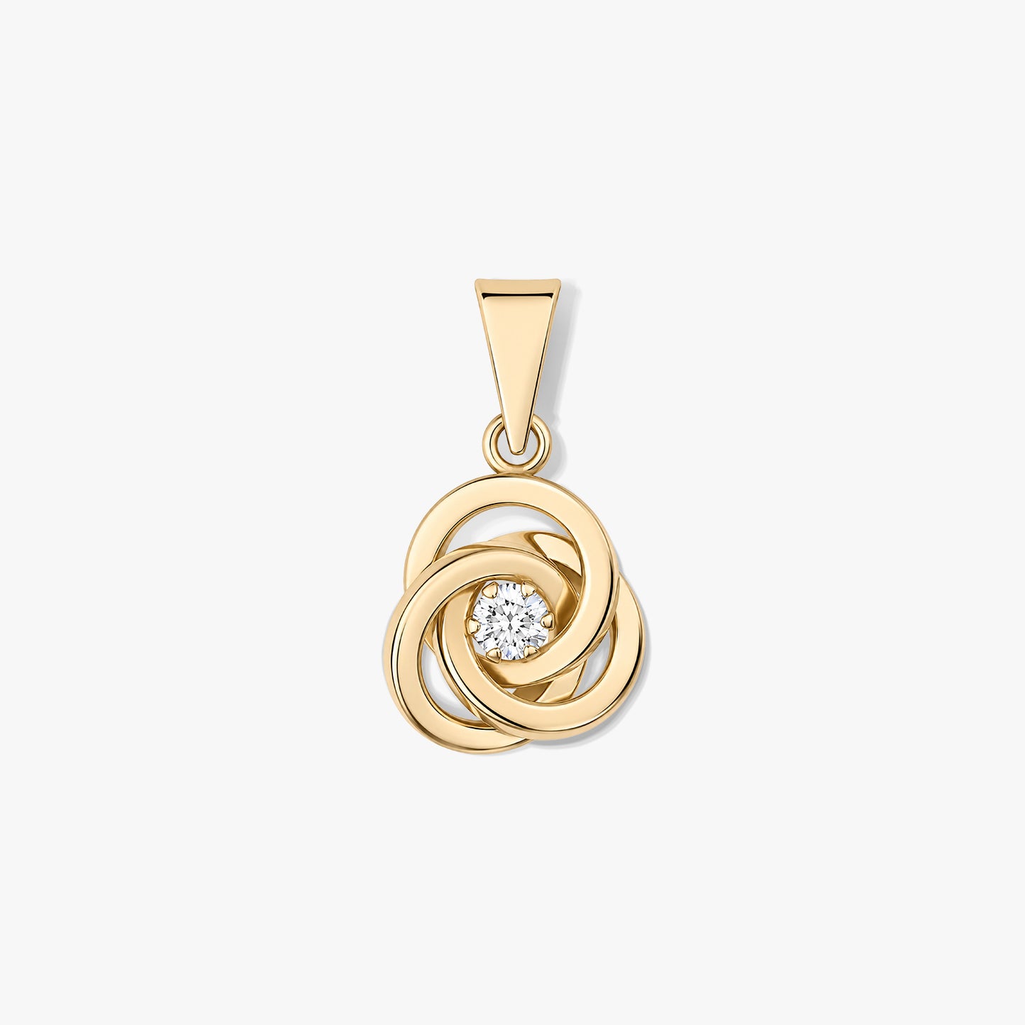 Златна висулка Eternal Knot с преплетени халки от жълто злато и централен кръгъл прозрачен камък на бял фон.
