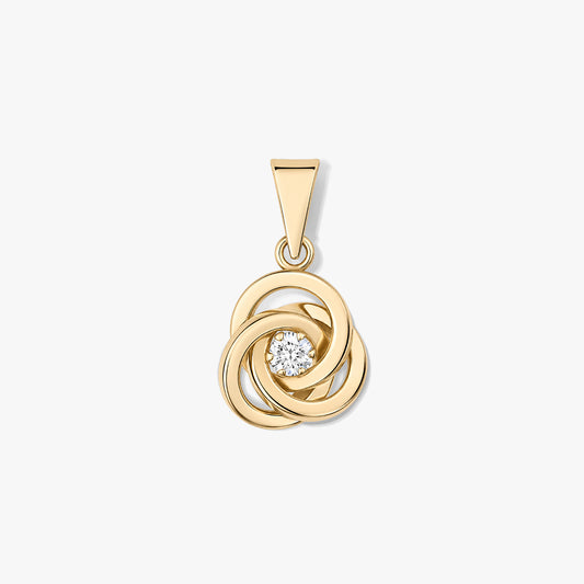 Златна висулка Eternal Knot с преплетени халки от жълто злато и централен кръгъл прозрачен камък на бял фон.